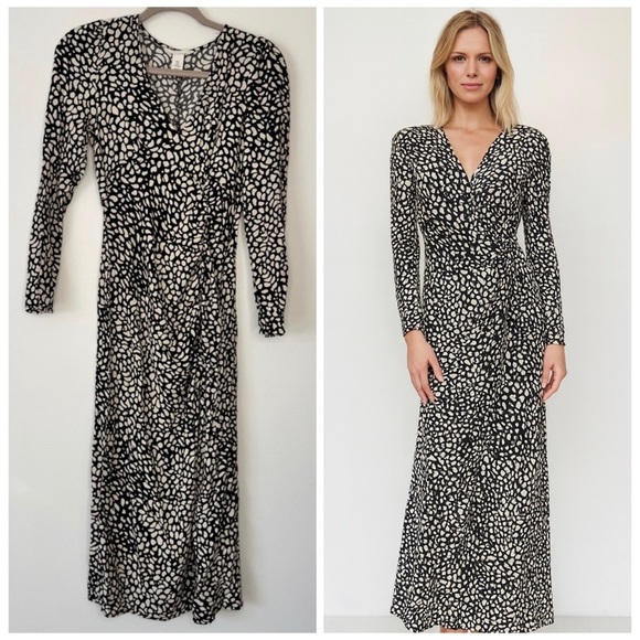 H&M Dresses & Skirts - H&M Maxi Dress Animal Print Long Sleeve Slit V Neck Ruched Black Tan Crepe Sz S